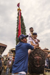 Young chariot riders at Rato Machhendranath festival in Kathmandu Nepal . Pictures by pikturenama