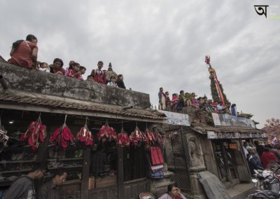 Onlookers at roof terrace watching Rato Machhendranath festival in Kathmandu Nepal . Pictures by pikturenama
