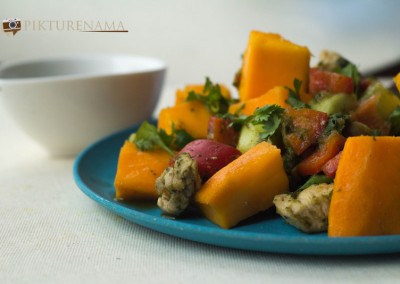 Mango Chicken salad with zesty coriander and chili dressing ready to serve
