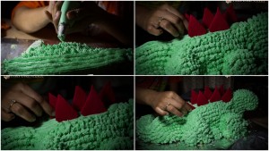 Stages of inserting the scales in Dinosaur Cake by pikturenama