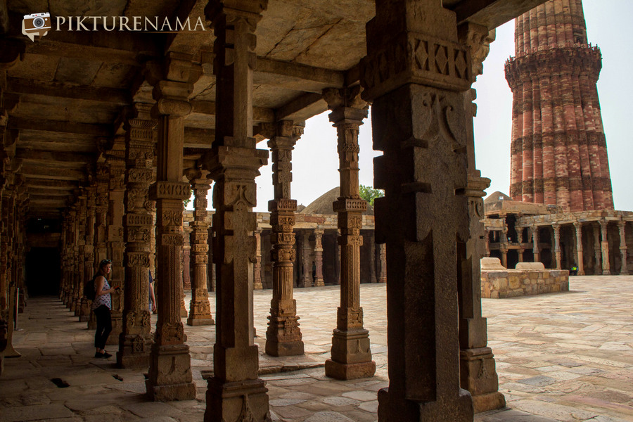 Qutub Minar and Qutub complex temple pillar remains