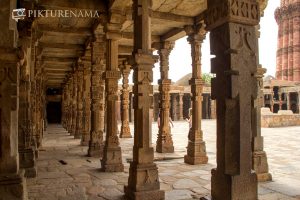 Qutub Minar and Qutub complex temple pillar remains