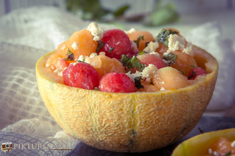 Frozen melon ball salad with Bandel Cheese- perfect for summers