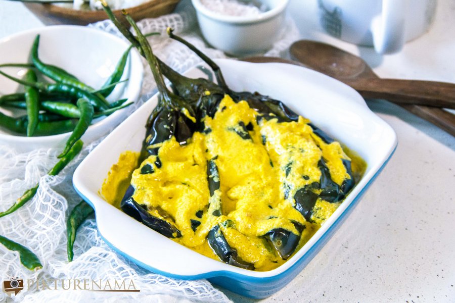 Begun Basanti- Eggplants cooked the Bengali way in a mustard and yogurt sauce