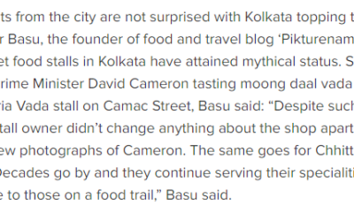 Times of India – On Street food of Kolkata