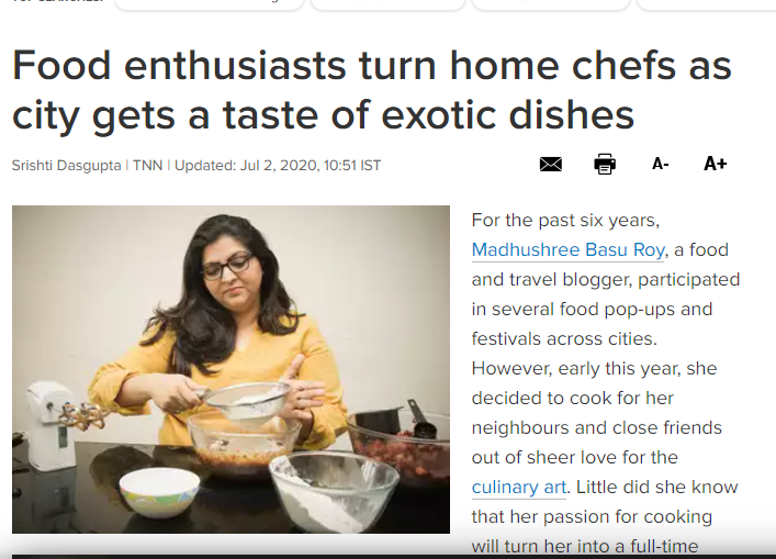 Times of India 2nd July, Madhushree gets featured as home chef into food delivery