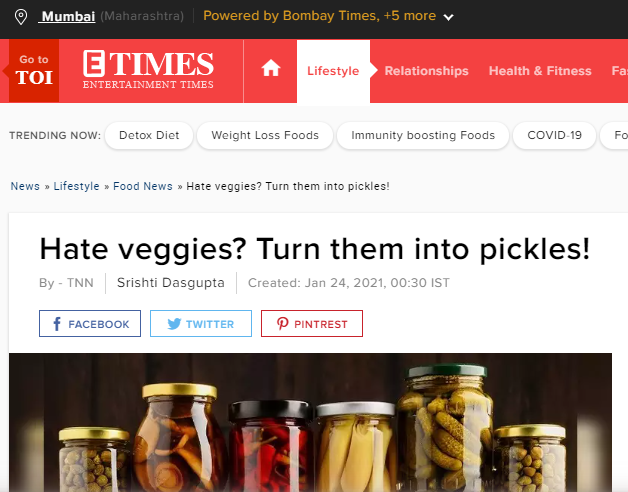 Madhushree Basu Roy on Times of India on Pickled Vegetables